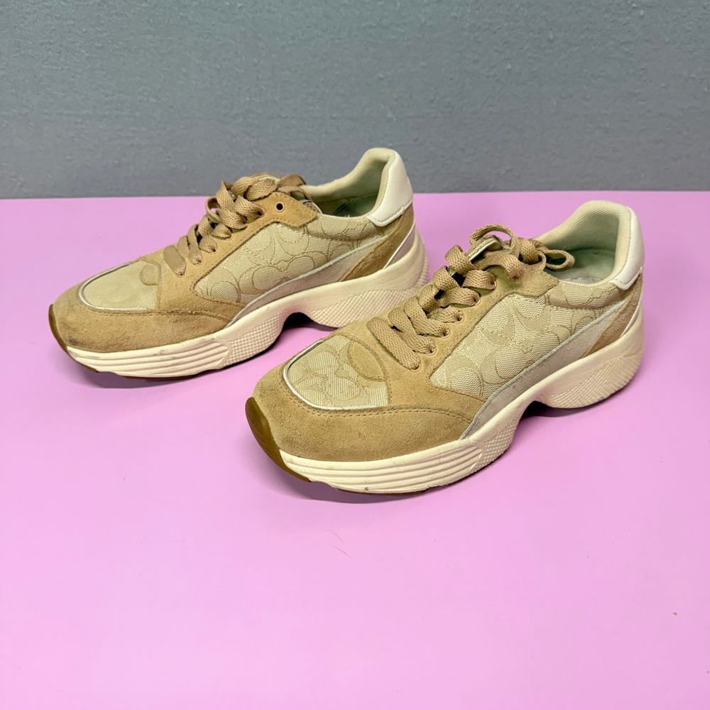 Coach CitySole Runner G5057 Tan Signature Monogram Suede Sneakers Womens 7.5 - Picture 2 of 8